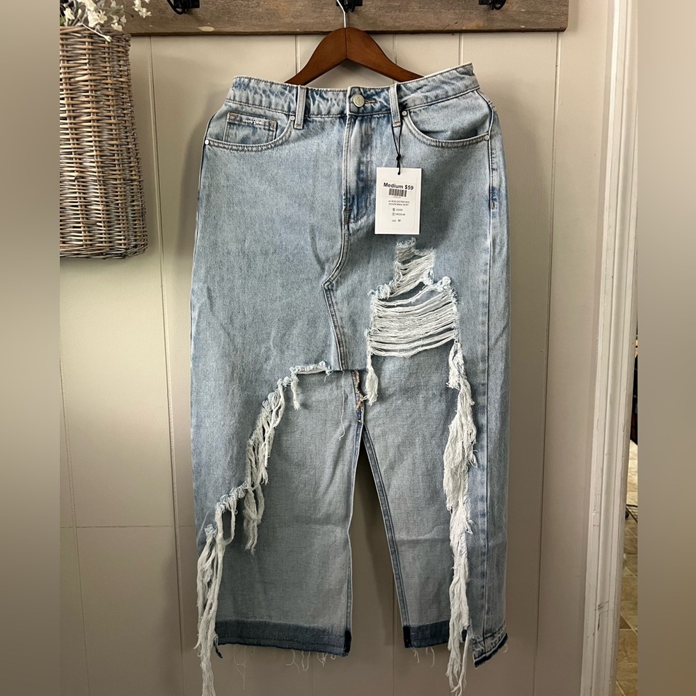 Boutique Distressed Denim Maxi Skirt